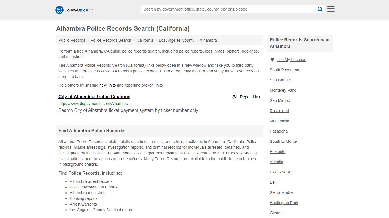 Alhambra Police Records Search (California) - County Office